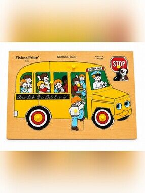 Fisher-Price School Bus Wooden Knob Puzzle #515 13 Piece Vintage Preschool Toy